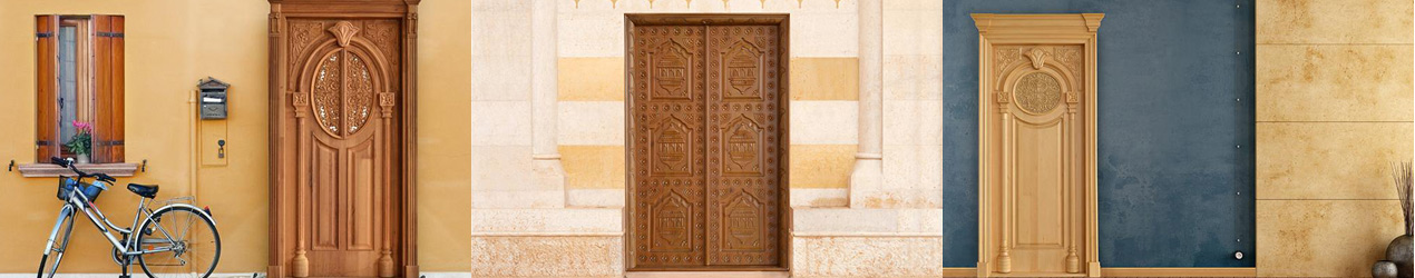 Solid wooden doors with intricate carvings