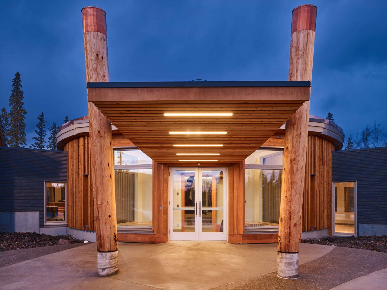 Nadleh Whut'enne Yah Administration and Cultural Building<abbr>Fort Fraser, B.C. Canada<br>Douglas fir dimension lumber framing, cedar tongue-and-groove planks</abbr>