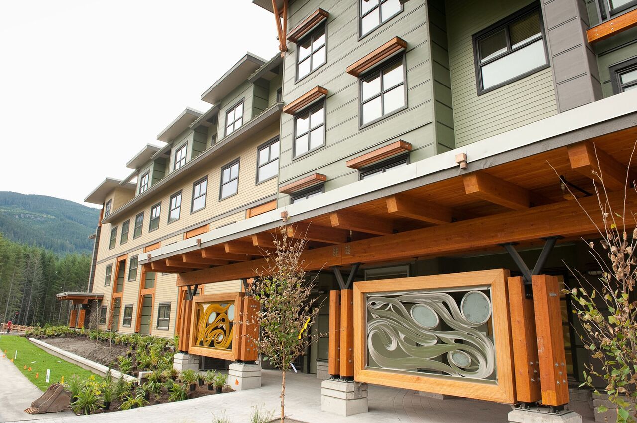 Whistler Athletes Centre Lodge<abbr>Whistler, B.C. Canada<br>Prefabricated modules consisting of wood framing with dimension lumber for the roof and floor joists and wall studs, plywood and oriented strand board, laminated veneer lumber beams for rim joists</abbr>
